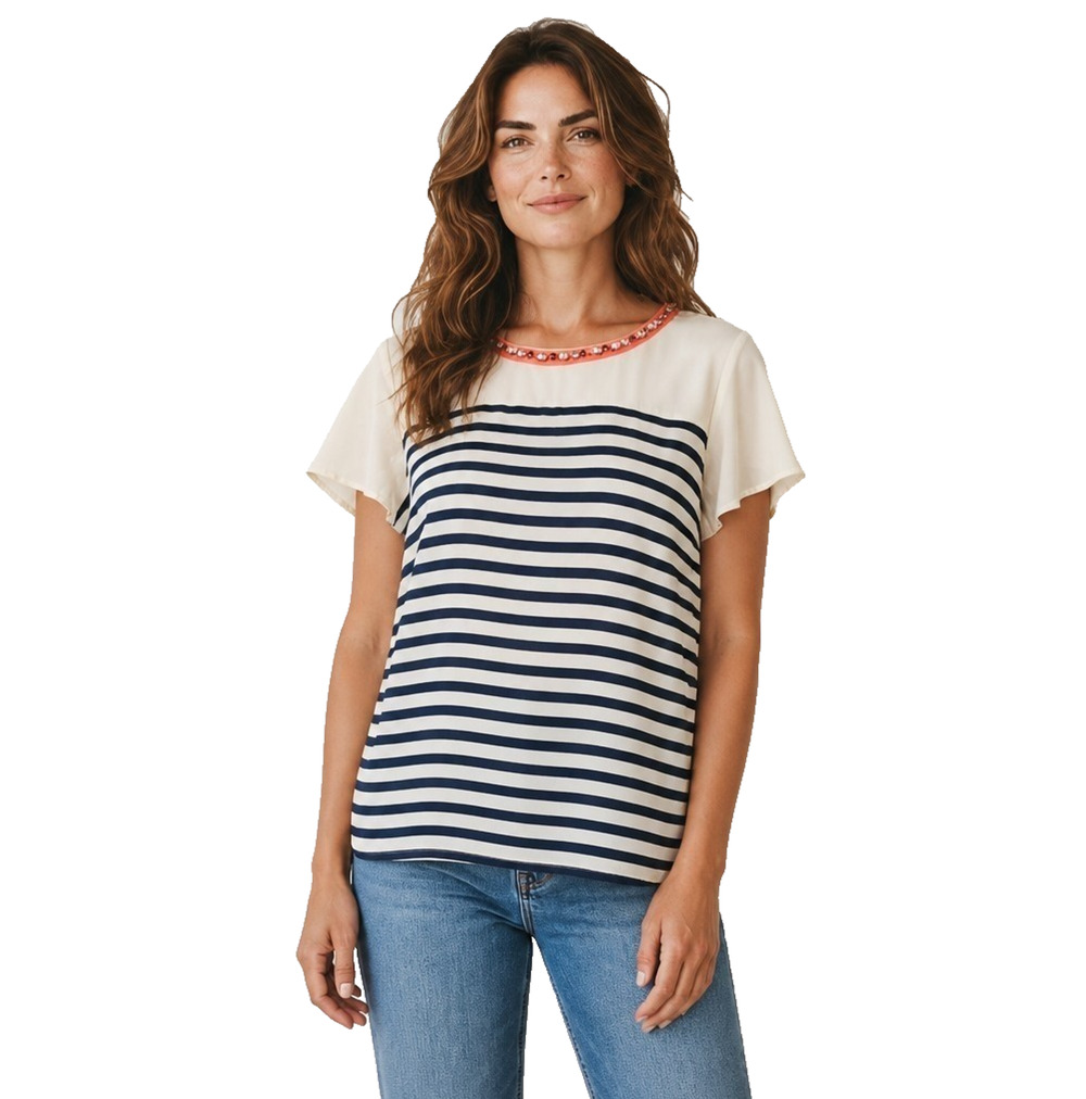 Mauve Womens Pullover Blouse Size S Ivory Blue Striped Sheer Short Sleeve Top
